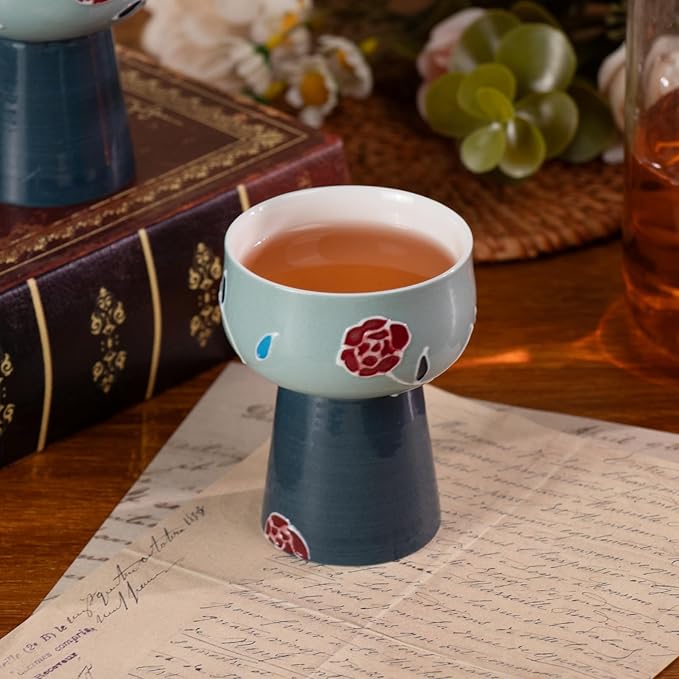 KAMMAK Tea Cup Set of 2 Small Tea Cups 2.1oz Blue Porcelain Tea Cup Set, Asian Ceramic Teacups for Home, Party, Office, Chinese Kung Fu Tea Set for Hot/Cold Drink (Mingji Mountain)