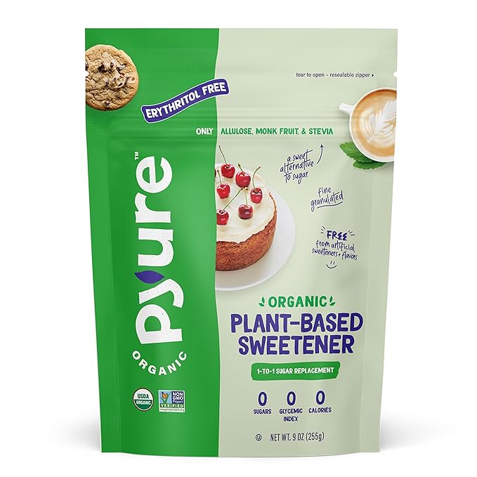 Pyure Organic Plant-Based Sweetener | 1:1 Sugar Replacement | Made with Allulose, Monk Fruit & Stevia | No Erythritol | Keto, Diabetic & Vegan Friendly | USDA Organic, Non-GMO | 9 oz