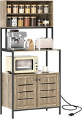 HOMCOM Kitchen Bakers Rack with Power Outlet, Coffee Bar Cabinet with Storage Shelves, Microwave Stand with Louvred Door Cabinets, Gray Wood Grain