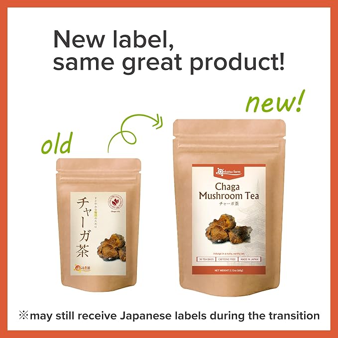 Onkatsu Farm Chaga Mushroom Premium Japanese Tea Bags, Earthy Woody Flavor, Hot or Iced, Caffeine Free, 30 Total Tea Bags