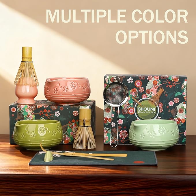Matcha Whisk Set, Ceramic Bowl with Spout, Bamboo Matcha Whisk & Spoon, Chasen Holder, Scoop Rest, Sifter, 8-Pcs Japanese Ceremony Matcha Powder Kit–Christmas Gift for Women-Pink