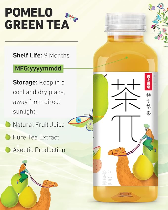 Tea PI Iced Tea – Green Tea, Pomelo Sweet Iced Fruit Tea Bottles, Real Juice, -16.9 fl oz, 500mL, 15 Pack