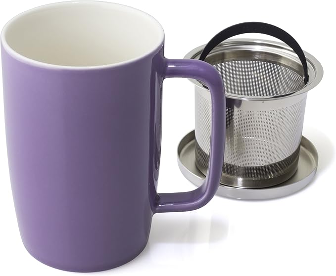 FORLIFE Dew Glossy Finish Brew-In-Mug with Basket Infuser & "Mirror" Stainless Lid 18 oz., Purple