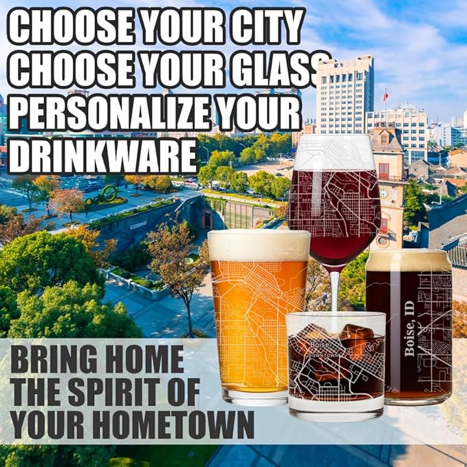 Blue Ridge Mountain Gifts - Boise Souvenir - Idaho Glassware Gift, Etched City Map, Laser Engraved and Dishwasher Safe
