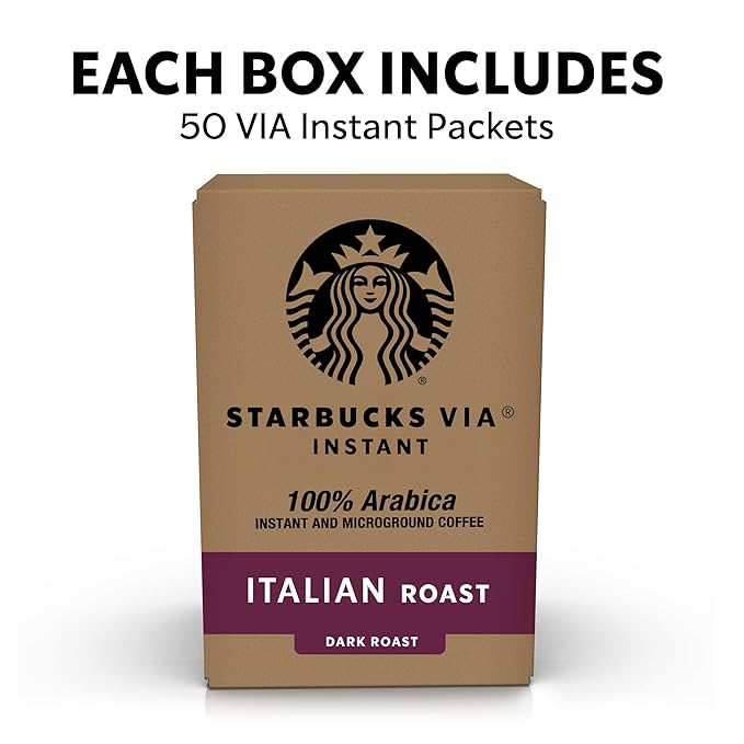 Starbucks VIA Instant Coffee, Dark Roast Coffee, Italian Roast, 100% Arabica, Single-Serve, 1 Box (50 Packets)