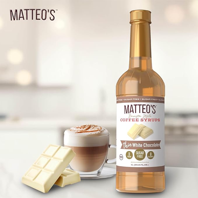 Matteo's White Chocolate Syrup for Coffee, Lattes, Cappuccinos & Desserts – Sugar-Free Sweetener for Beverages, Keto Friendly, Zero Calories, Indulgent Flavor, Non-Alcoholic, 33.8oz (1pk)