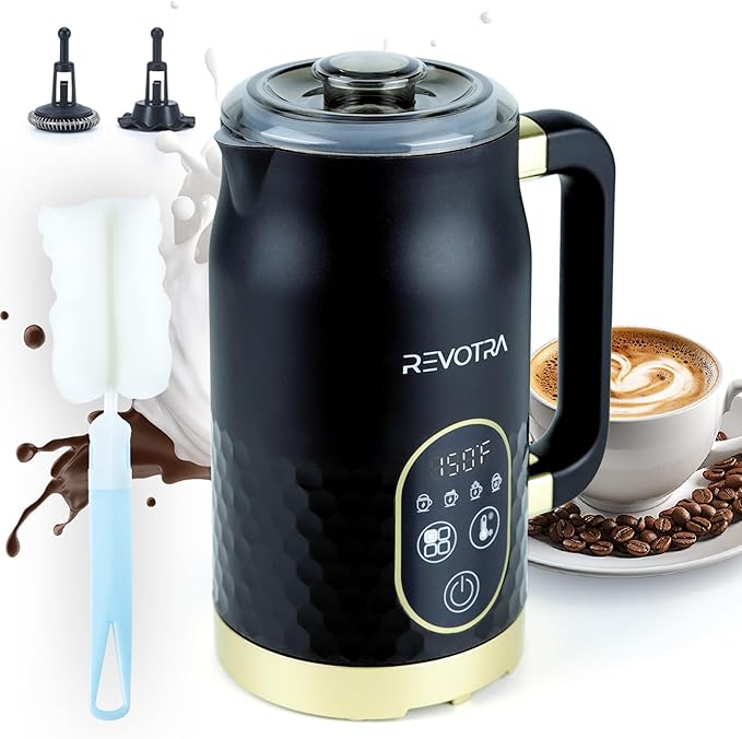 Milk Frother with LED Touchscreen & Temp Display, 4-in-1 Electric Milk Steamer for Hot & Cold Foam, Adjustable Temperature, Silent Frothing, Non-Stick Coating for Coffee, Latte, Hot Chocolate