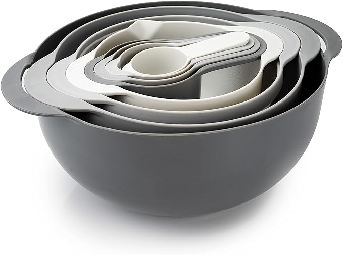 COOK WITH COLOR Nesting Bowls with Measuring Cups Colander and Sifter Set - Includes Mixing Bowls, Colander, Sifter and Measuring Cups, Gray, 8 Pc Bowl