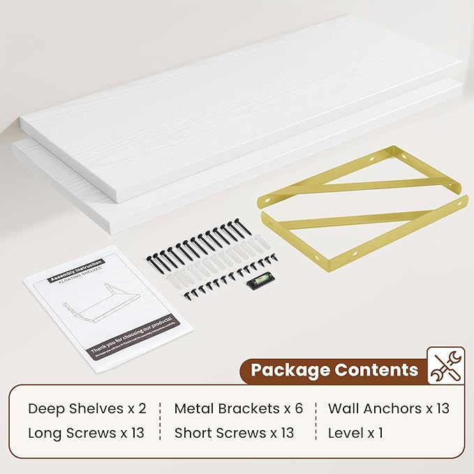 Deep Wall Shelves 36"W x 12"D Engineered Wood Floating Shelves for Wall, Sturdy Metal Bracket(Gold) Bookshelves Home Decor Storage for Living Room Bedroom Bathroom Kitchen, Set of 2, White Finish