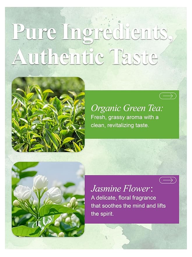 LOOMICA Organic Jasmine Green Tea Bags, Organic Green Tea with Jasmine Flowers, Refreshing & Aromatic, Floral Infusion for Relaxation, No Sugar Added, 20 Counts, (Pack of 2)