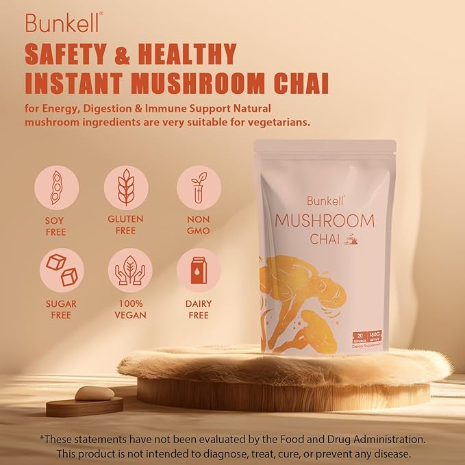 Bunkell Mushroom Chai, Adaptogenic 6 Mushrooms with Lion's Mane, Reishi, Cordyceps, Shiitake, King Trumpet & Turkey Tail, Chai Powder for Energy, Focus, Digestion & Immune Support, 20 Servings 1 Pack