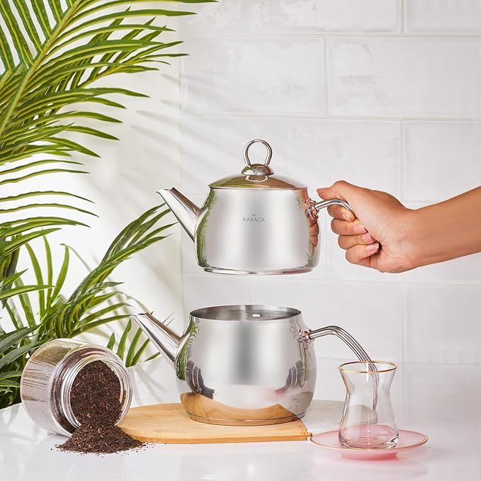 Karaca Belinay Teapot Set Medium Silver, 18/10 Stainless Steel, Teapot/Lid (1 lt, 2.2 lb), Tea Kettle (1.6 lt, 3.5 lb), Suitable for Induction, 2 Years Warranty