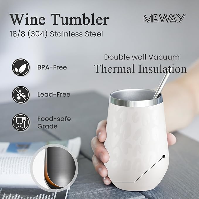 MEWAY 12oz Insulated Wine Tumbler Bulk, Double Wall Vacuum Stainless Steel Travel Tumbler with Straw,8 pack of wine tumbler glasses(Almond Leopard,Set of 8)