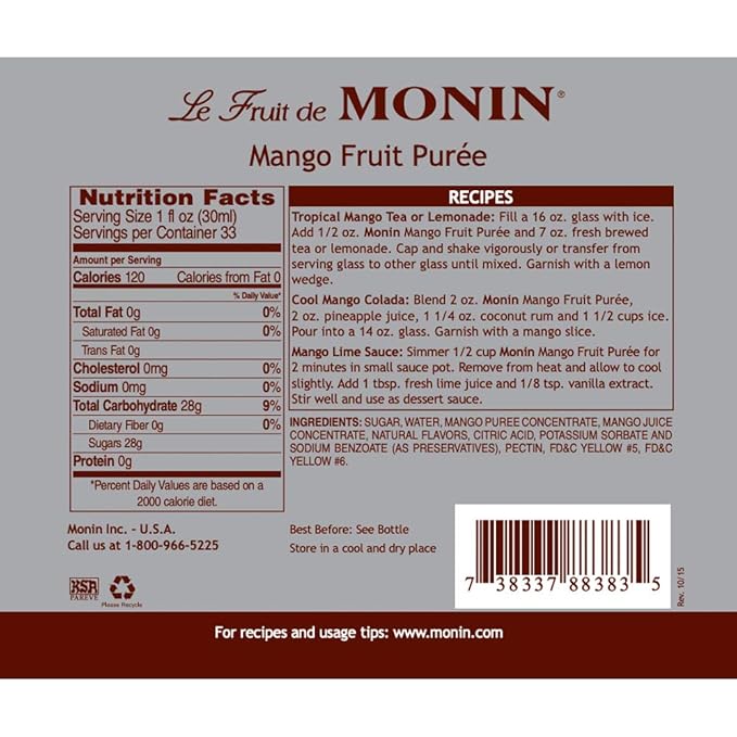 Monin - Mango Purée, Tropical and Sweet Mango Flavor, Natural Flavors, Great for Teas, Lemonades, Smoothies, and Cocktails, Non-GMO, Vegan, Gluten-Free (1 Liter)