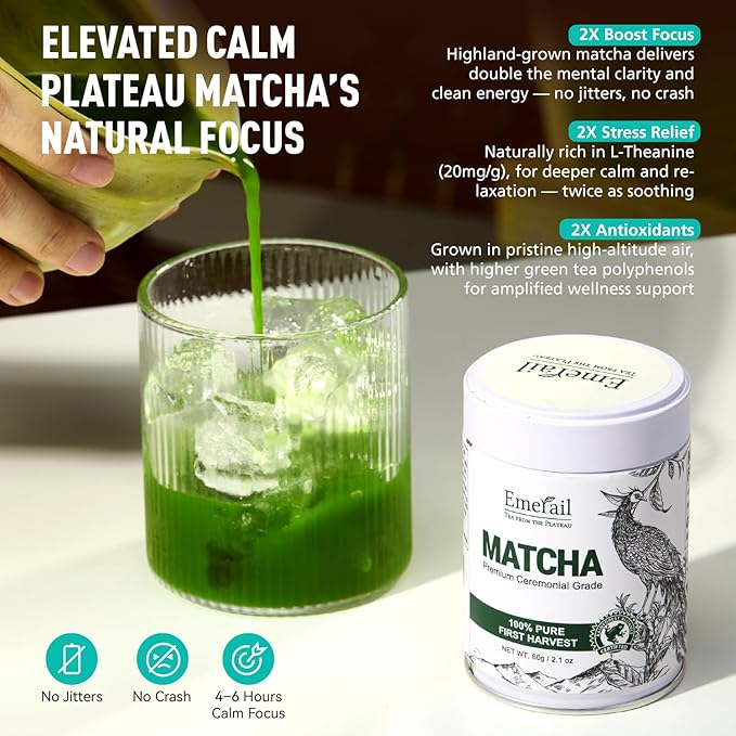 Emerail Ceremonial Grade Matcha Green Tea Powder, Premium First Harvest Unsweetened, 100% Pure Matcha for Lattes, Smoothies, and Baking (60g / 2.1oz)