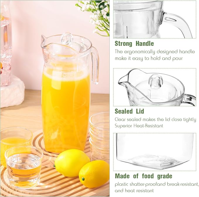 4 Pcs Acrylic Water Pitcher with Lid, Spout Handle Clear Plastic Pitcher Heat Resistant Carafe Unbreakable Beverage Container Fridge Jug for Juice Ice Tea Sangria Lemonade(44 oz,Diamond)