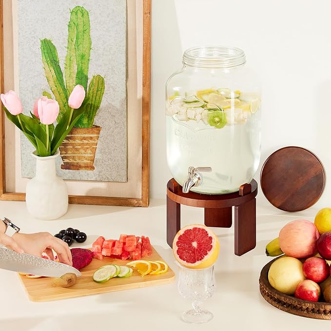 1 Gallon Drink Dispenser for Parties,Glass Beverage Dispenser with Stand,Water Dispenser with 18/8 Stainless Steel Spigot,Lemonade Stand Dispenser for Fridge,Juice,Punch,Cocktails,Ice Tea & Sun Tea