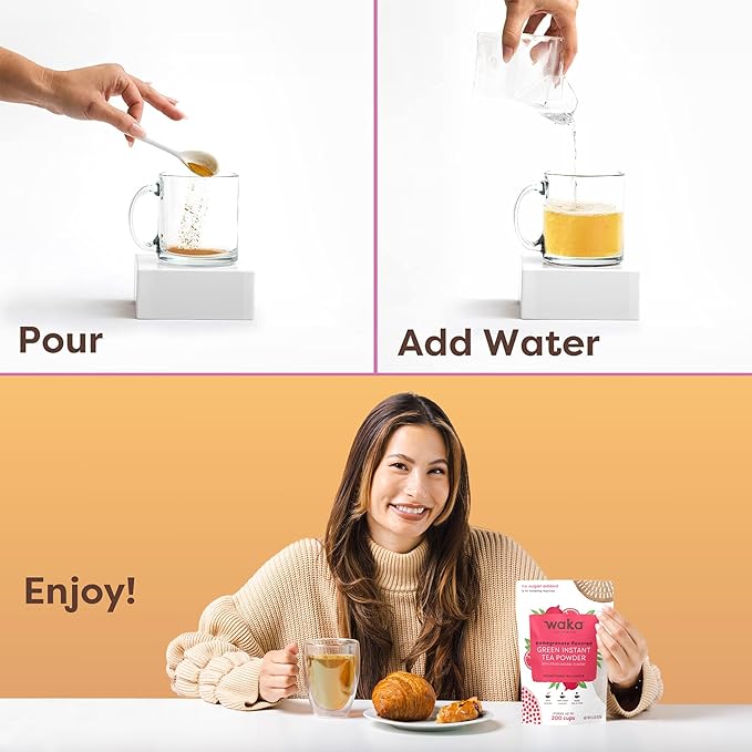 Waka Instant Green Tea Mix, Pomegranate Flavored - 100% Tea Leaves, No Additives, Unsweetened Tea Powder in Bulk Pouch – Easy Quick Hot and Iced Teas, Up to 200 Cups (4.5oz)