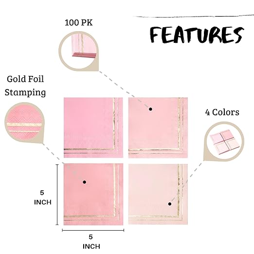 100 Pink Napkins - 4 Assorted Designs l 3-Ply Cocktail Napkins Folded 5 x 5 Inches l Bar Napkins Disposable Party Napkins Paper Napkins Dinner for Wedding Baby Shower Birthday (Assorted Pink)