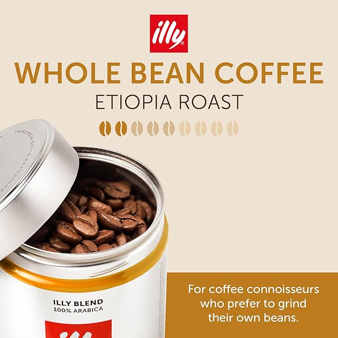 Illy Whole Bean Coffee, Etiopia Light Roast - Delicate Intensity with Floral Jasmine & Citrus Notes - 100% Arabica - Whole Beans - Pressurized Packaging Sealed for Freshness - 8.8oz can (Pack of 6)