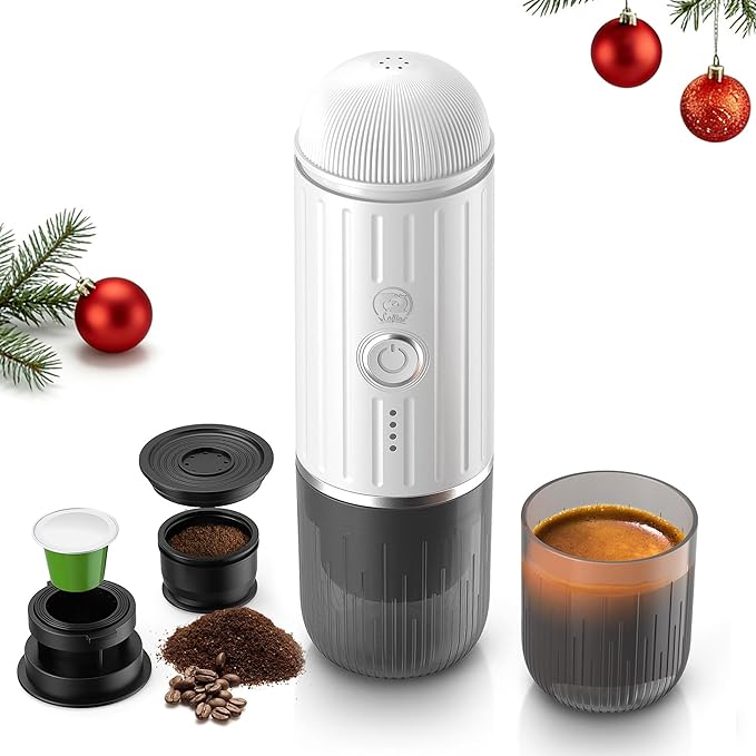 Portable Electric Espresso Coffee Maker, Fast self-heating 2 IN 1 Extraction System Espresso Machine, Support Ground Coffee and NS capsule, for Travel,Car,Hiking,Climbing,Rich Crema（White）