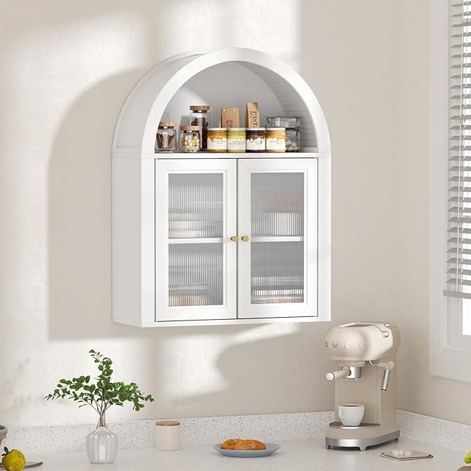 Arched Bathroom Cabinet, Wall Mounted Bathroom Cabinet with Tempered Glass Doors and Adjustable Shelf, for Kitchen, Living Room, Laundry Room, Restroom, White