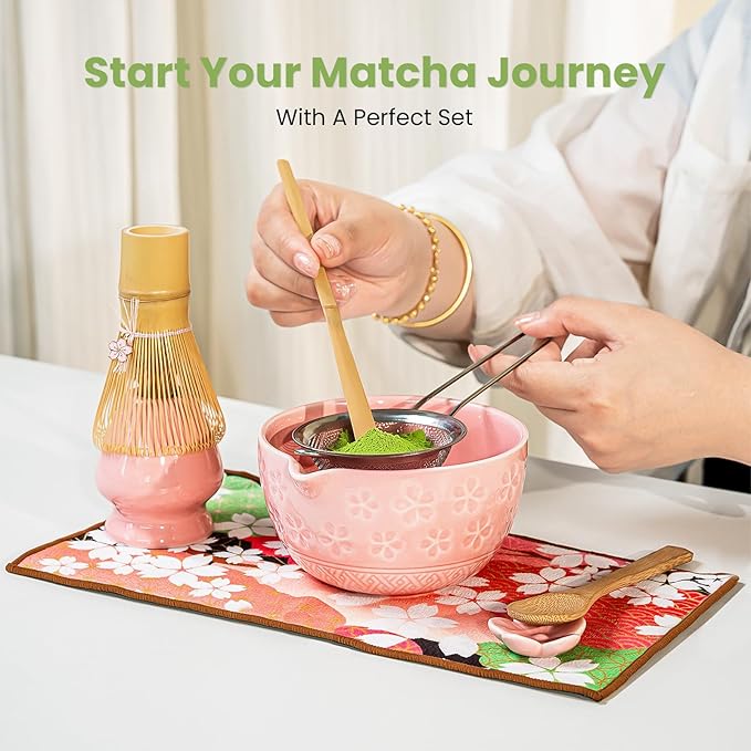 Matcha Whisk Set, Pink Matcha Kit (9 Pcs) Includes Bowl, Whisk, Holder, Scoop, Sifter, Spoon, Rest, Mat, Book - Exclusive Patented Ceramic Matcha Set for Matcha Lovers