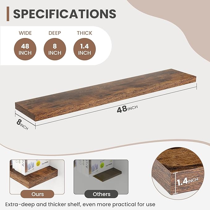 48 Inch Floating Shelves, 8 Inch Deep Floating Shelves for Wall, Hanging Shelf with Invisible Brackets, Deep Shelves for Bathroom, Bedroom, Living Room, Brown, Set of 2