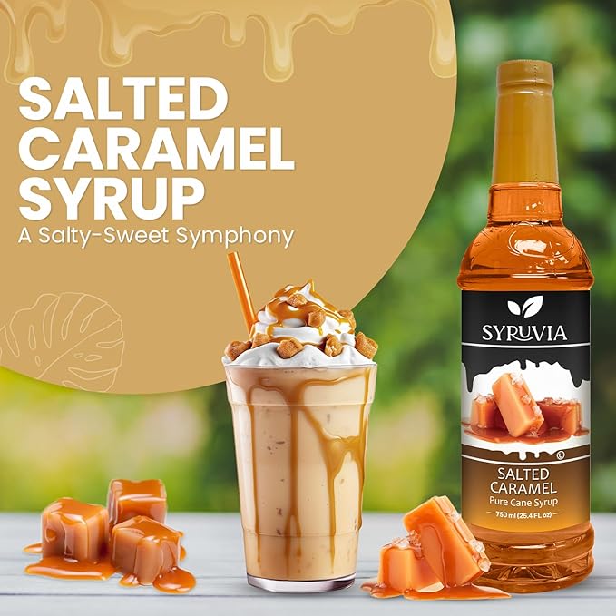 Syruvia Salted Caramel Coffee Syrup – 25.4 fl oz – Syrup for Coffee, Lattes, Shakes, Smoothies, Desserts – 100% Vegan, Gluten Free, Kosher Coffee Syrup, (Pack of 2)