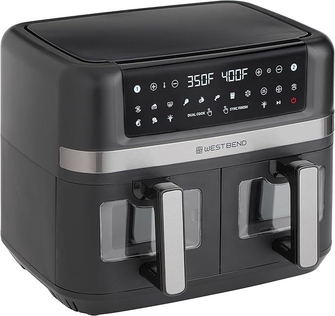 West Bend Double Up Air Fryer Dual Basket 10-Quart Capacity with Digital Controls View Windows and 15 Cooking Presets, Nonstick Frying Baskets, Dual-Zone Cooking, 1600-Watts, Black