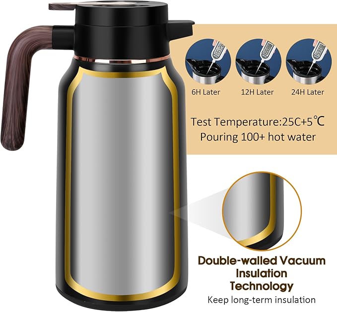 68oz Thermal Coffee Carafe, Stainless Steel Carafes for Hot Liquids 24 Hours, Insulated Coffee Carafes For Keeping Hot Coffee, Hot Water, Tea, Hot Beverage (Black)