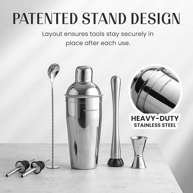 Modern Mixology 8-Piece Cocktail Shaker Set, 24oz Stainless Steel Bartender Kit with Velvet Giftable Bag, Curated Travel Cocktail Kit for Hosting Essentials (Silver)