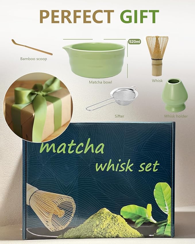 Matcha Whisk Set with Matcha Bowl, Matcha Bamboo Whisk, Scoop, Sifter, Matcha Kit Holder Unique Gifts for Women Men Girl Friend Home Kitchen Decor Gifts for Christmas, Birthday（Light Green）