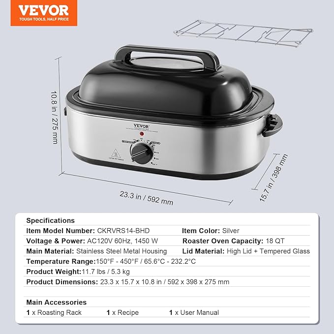 VEVOR Electric Roaster Oven with Defrost & Warm Function, 18 QT Turkey Roaster Oven with Self-Basting Lid, 1450W, Adjustable Temperature, Removable Pan & Rack, Fits Turkeys Up to 22LBS