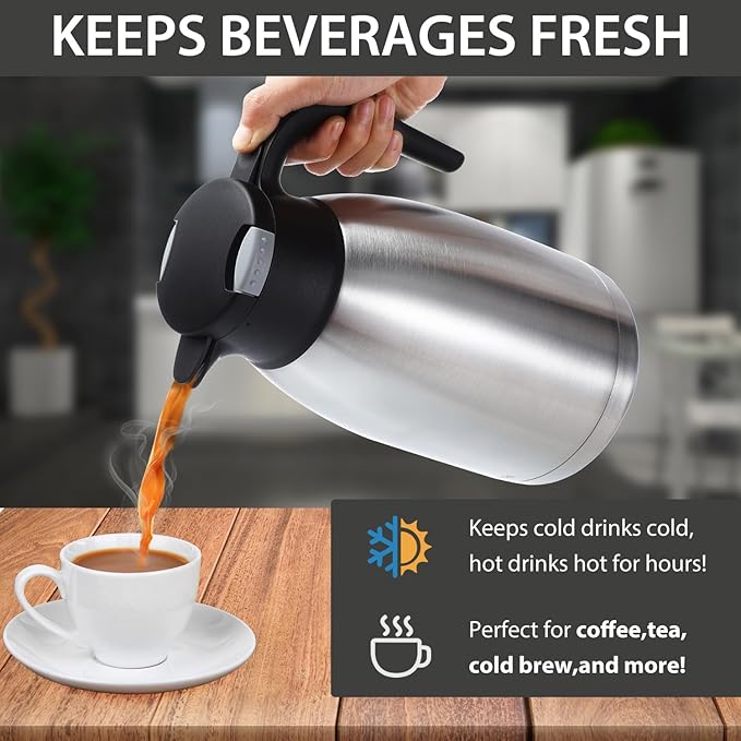 Heritage66 2L Thermal Coffee Carafe with Cleaning Brush – Triple-Wall Vacuum Insulated Stainless Steel Dispenser, 12h Hot / 24h Cold, Wide-Mouth Coffee & Tea Server