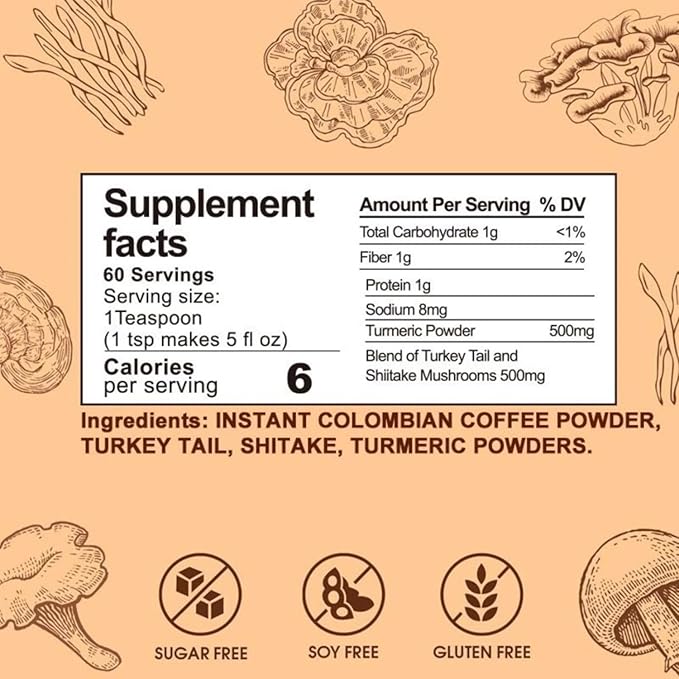 Slim Coffee with Turmeric & Mushroom Blend - Instant Mushroom Coffee with Turkey Tail & Shitake, Light Roast, Smooth Texture, Boosts Metabolism & Energy