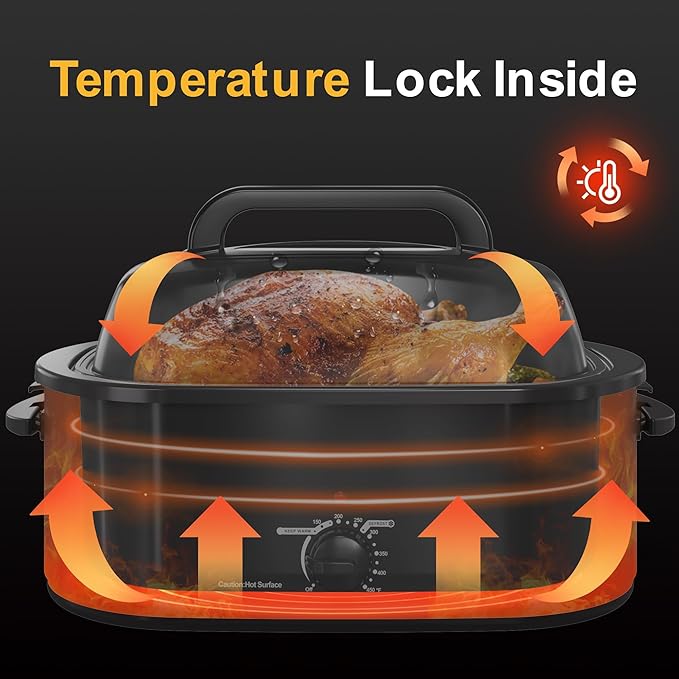 RoyalCraft 26-Quart Electric Roaster Oven with Visible Self-Basting Lid, Turkey Roaster Oven with Removable Pan and Rack, Perfect for Large Meals and Holiday Feasts, Black
