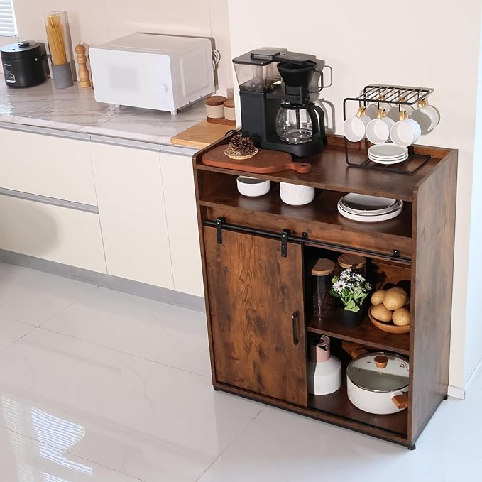 ALBAD Coffee Bar Cabinet/Table, 32" Buffet Sideboard with Sliding Barn Door and Storage Shelves, Farmhouse Wood Kitchen/Accent Storage Cabinet Brown Walaut
