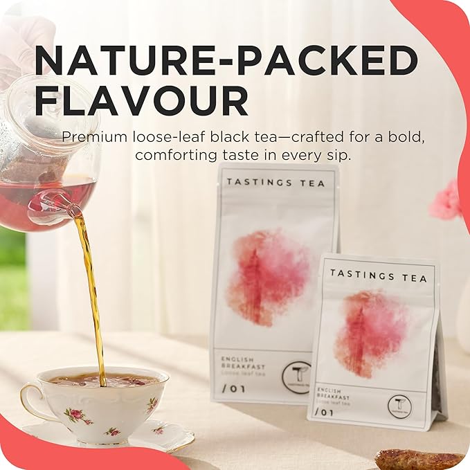 Tastings Tea English Breakfast Tea, 3.5 oz. | Natural Loose-Leaf Black Tea Blend with Assam & Nilgiri Flavor | Caffeinated