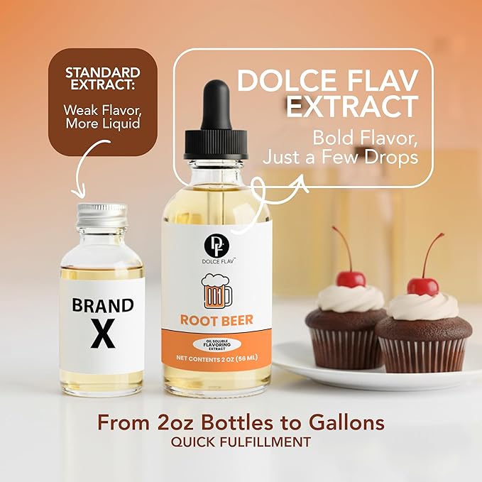 Dolce Flav Root Beer Extract – 2 Ounce Oil-Soluble Kosher, Sugar-Free, Concentrated Classic Root Beer Flavoring for Baking, Chocolates & Desserts, Includes Measured Dropper