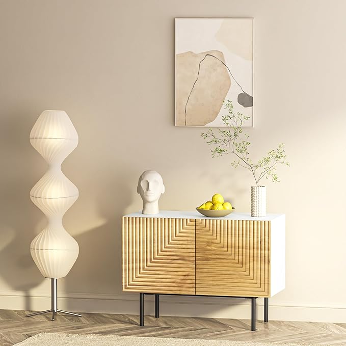 roomfitters Boho Sidboard Buffet Cabinet, Mid Century Accent Cabinet with Doors, Poplar Wood Print Carved and Geometric Design, Media Console for Living Room