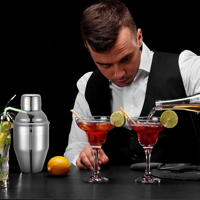 Nitial 9 Pcs Bar Cocktail Shaker Professional Stainless Steel Martini Drink Mixer Built-in Strainer for Bartending No Leaks Boston Shaker for Bar Party Drink Tool(Silver,8 oz)