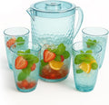 84 oz Crystal-Clear Pitcher with 4 Tumblers Set, BPA-Free Food-Grade Jug with 3-Position Lid & Spout – Large Beverage Pitcher for Party, Iced Tea, Lemonade, Sangria, Fridge – Aqua Blue