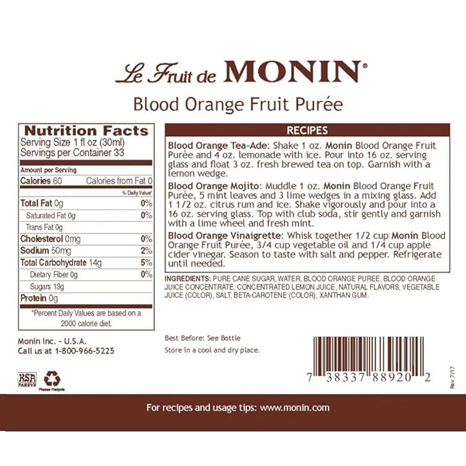 Monin - Blood Orange Purée, Tart, Juicy Citrus Taste, Great for Lemonades, Cocktails, and Culinary Creations, Vegan, Gluten-Free (1 Liter)