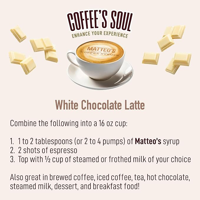 Matteo's White Chocolate Syrup for Coffee, Lattes, Cappuccinos & Desserts – Sugar-Free Sweetener for Beverages, Keto Friendly, Zero Calories, Indulgent Flavor, Non-Alcoholic, 33.8oz (1pk)