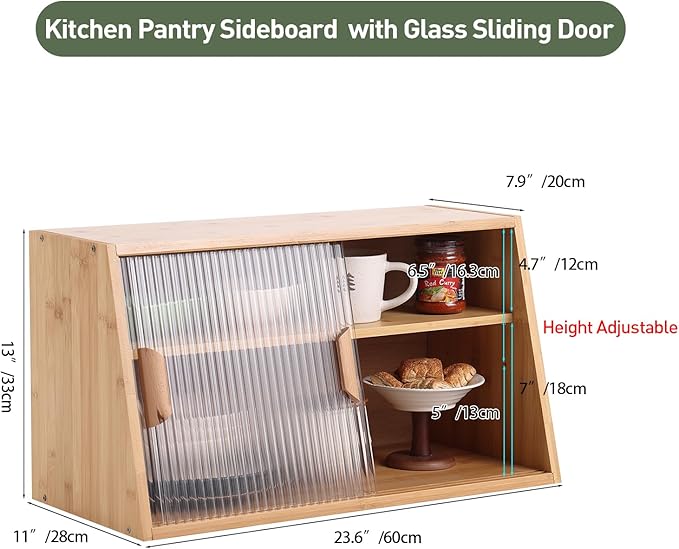 Wooden Countertop Storage, Small Bamboo Kitchen Pantry Sideboard with 2 Glass Sliding Door, Pantry Storage Cabinet for Kitchen, Living Room, Dinning Area and Bathroom, Wood