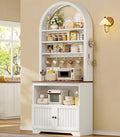 79" Tall Arched Bakers Rack with Power Outlets, Coffee Bar Cabinet with Storage, Kitchen Microwave Stand with Pegboard & 10 Hooks, Adjustable Shelves for Dining Room, Living Room, White