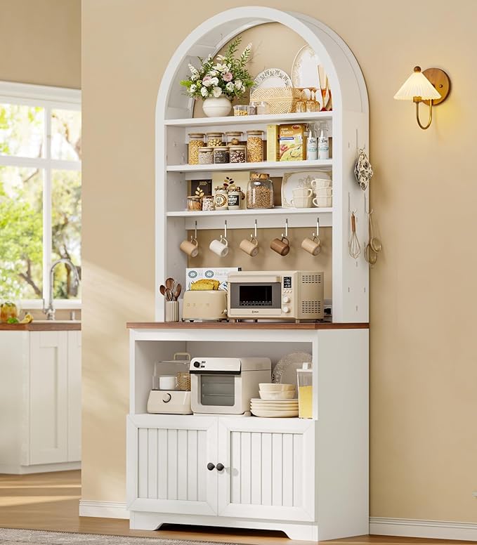 79" Tall Arched Bakers Rack with Power Outlets, Coffee Bar Cabinet with Storage, Kitchen Microwave Stand with Pegboard & 10 Hooks, Adjustable Shelves for Dining Room, Living Room, White