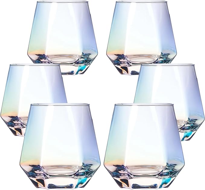 BACLIFE Hand Blown Stemless Wine Glasses Set of 6 – 10 oz Crystal Red Wine Glass – Premium Iridescent Diamond Shaped Drinking Glasses in Gift Box – Unique Gift for Wedding, Anniversary, Mother's Day