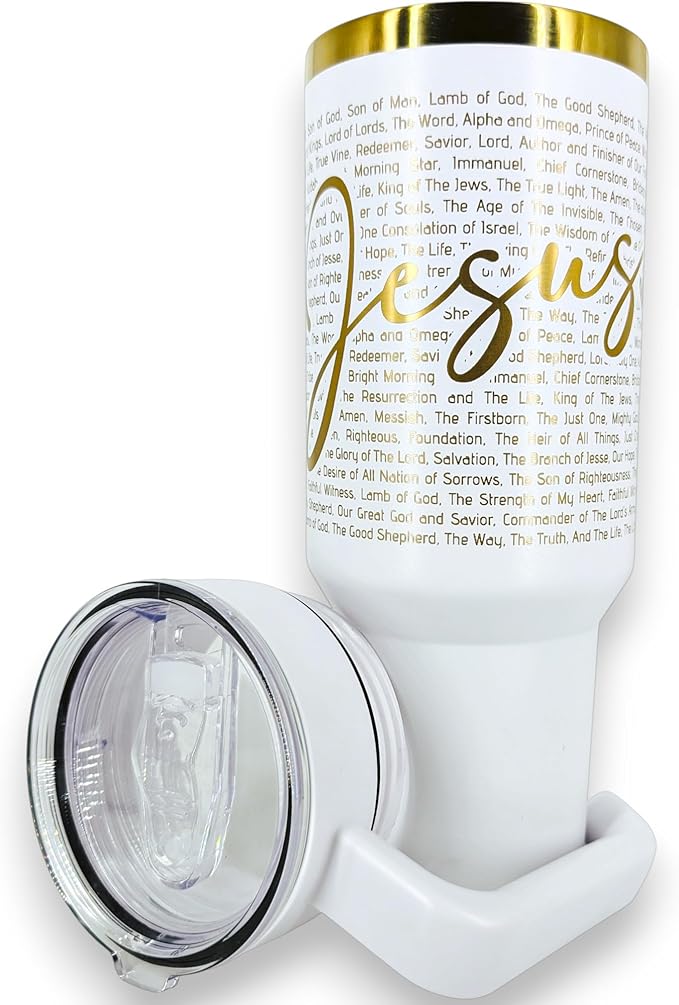 Christian Tumbler 40oz Stainless Steel Insulated Cup with Straw & Handle – Scripture Design Featuring Names of Jesus (Savior, Redeemer, Prince of Peace, Light of the World) (Jesus)